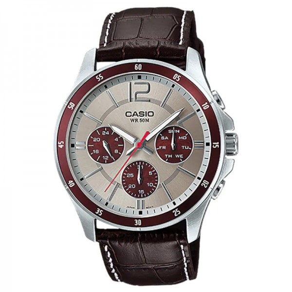 Casio MTP-1374L-7A1VDF Day Date Silver Grey Black Leather